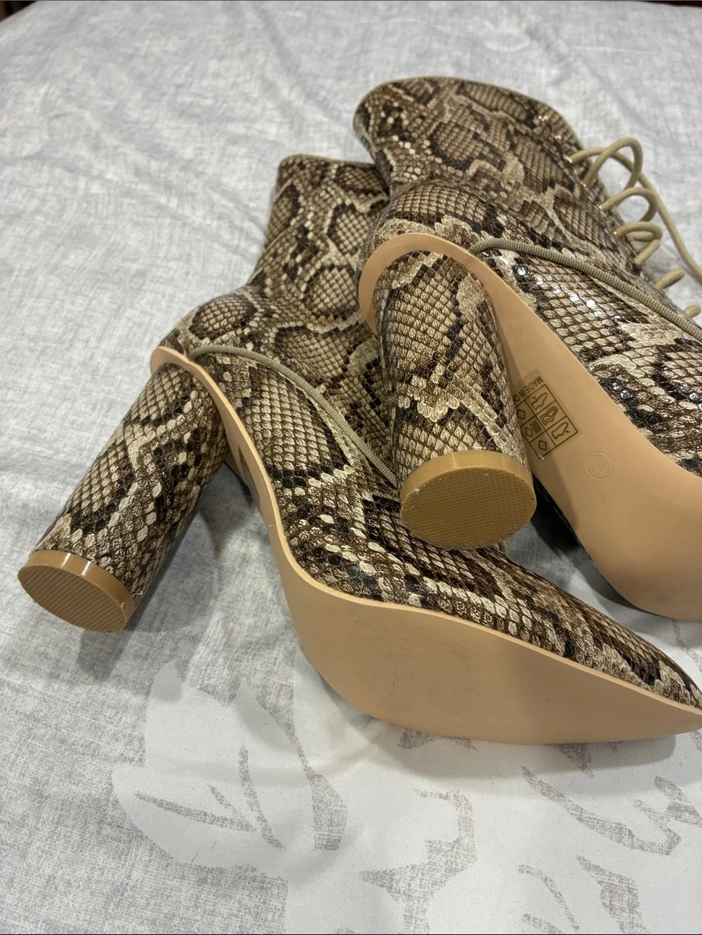 Snake-Print Lace-Up Block Heel Boots in Brown